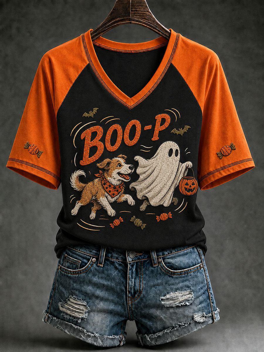 Women's Halloween Boo-P Dog Printed V-neck T-shirt