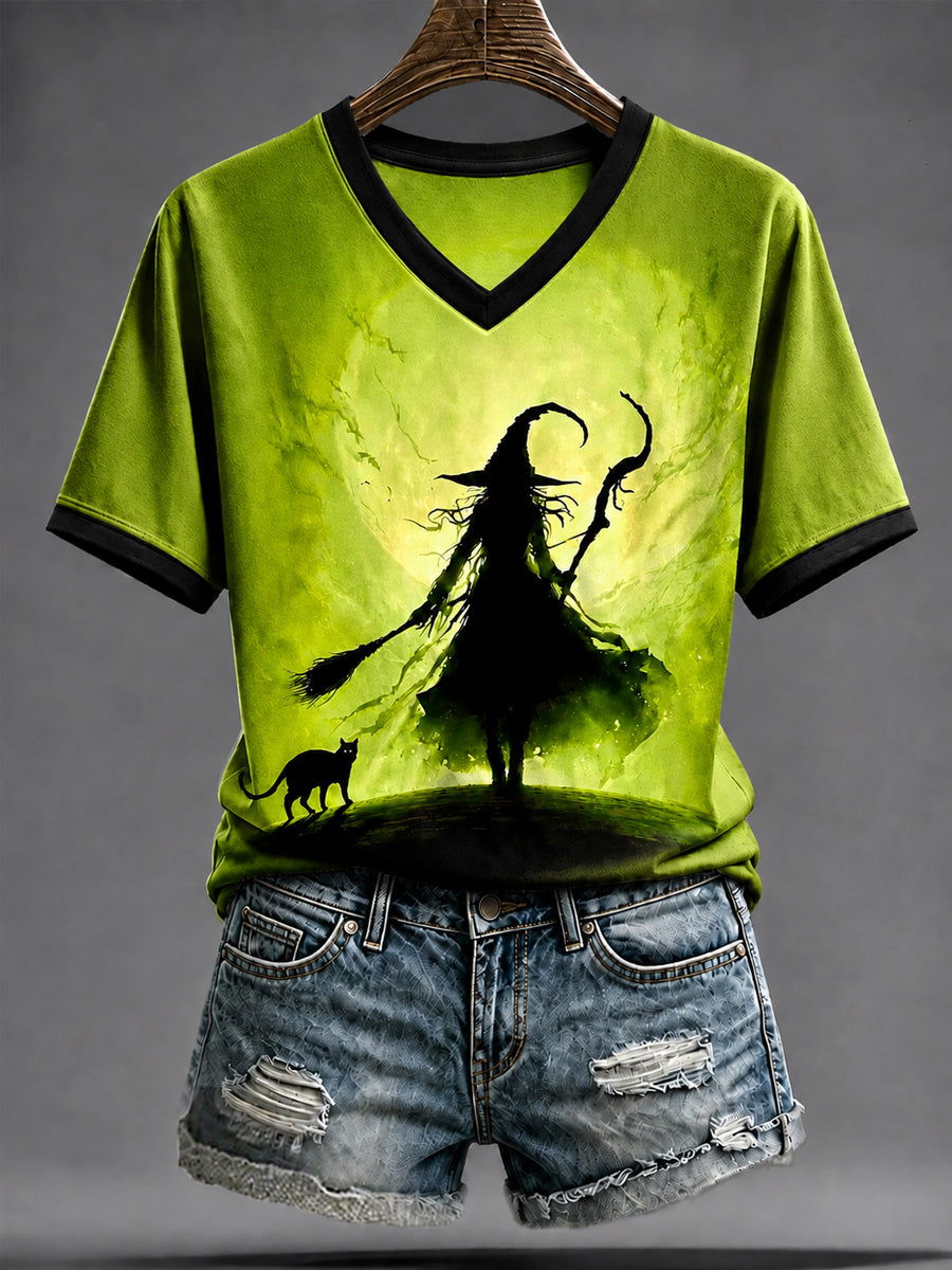 Women's Halloween Witch Black Cat Art Short Sleeve T-shirt