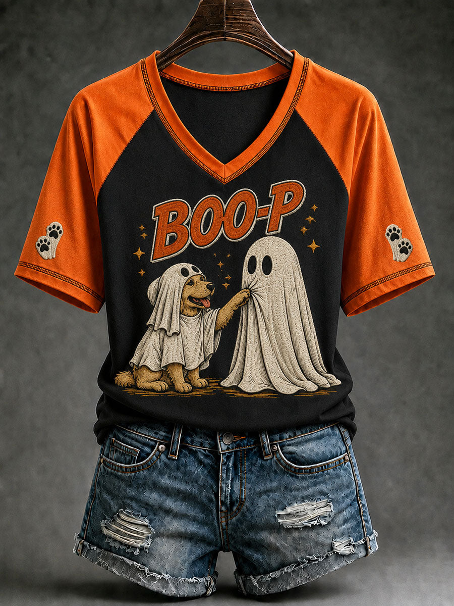 Women's Halloween Boo-P Dog Printed V-neck T-shirt