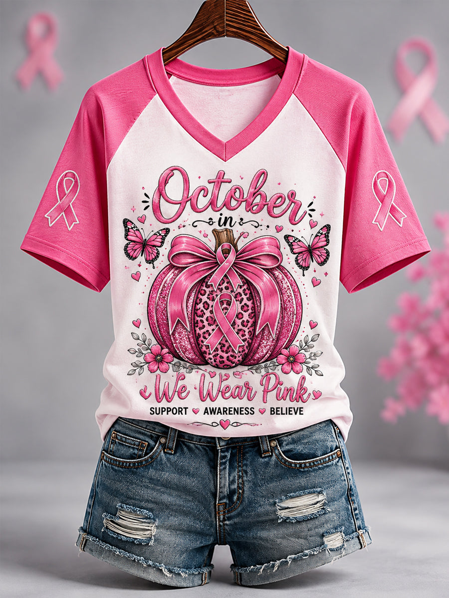 Women's Pink Ribbon Pumpkin Print Breast Cancer Awareness Support V-Neck Tee