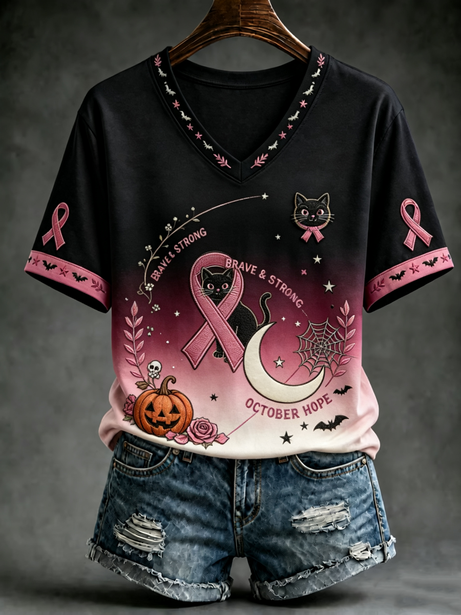 Women's Helloween Black Cat Printed short-sleeved T-shirt