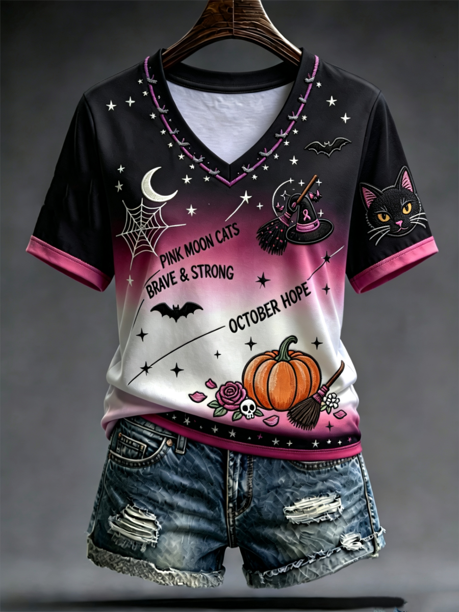Women's Helloween Black Cat Printed short-sleeved T-shirt