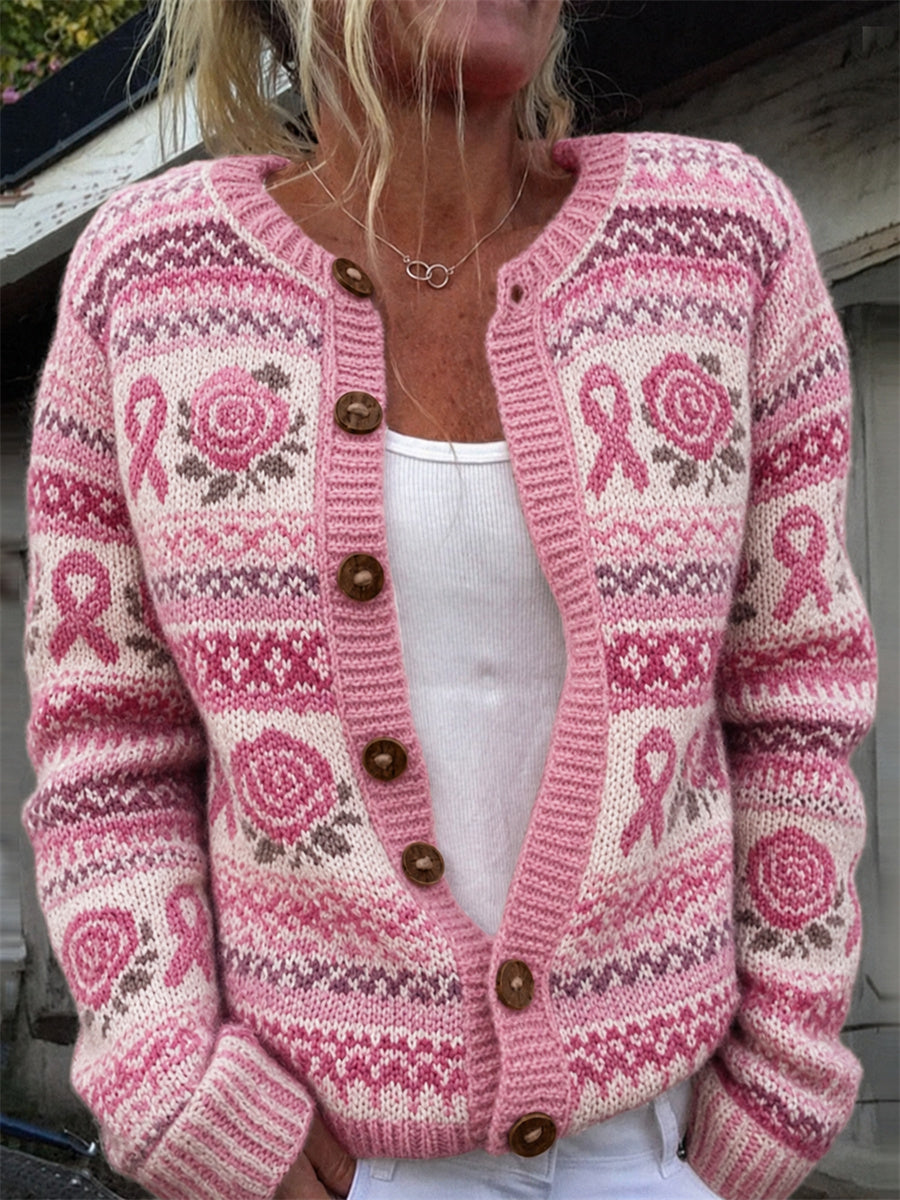Women's Vintage Pink Roses Breast Cancer Ribbon Isle Pattern Print Cardigan