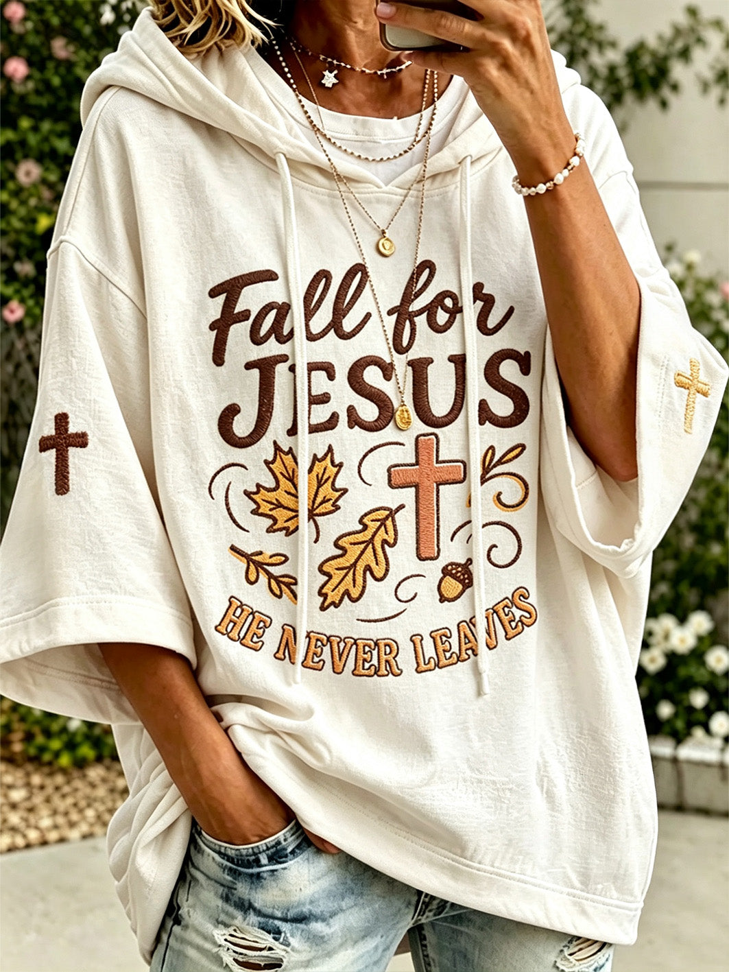 Women's autumn theme faith slogan pattern color-blocked design casual hoodie