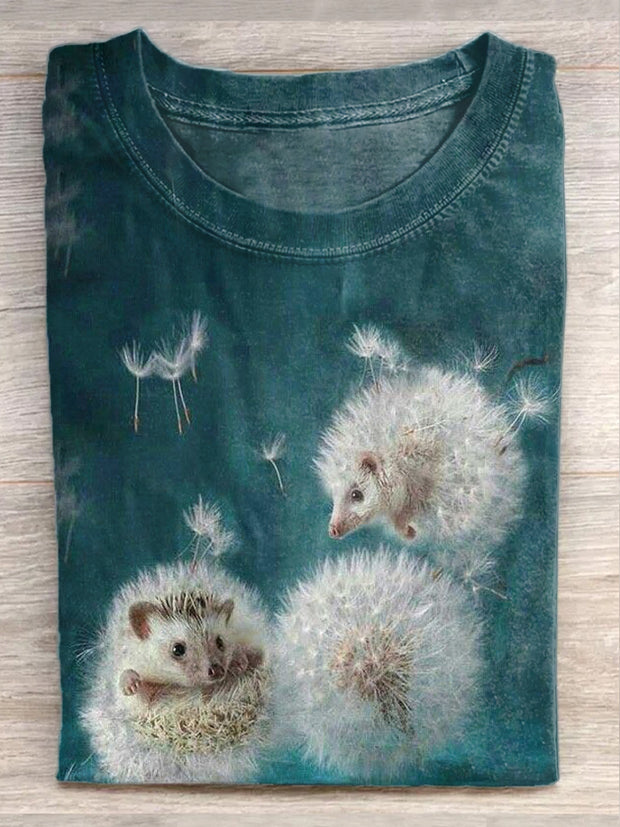 Unisex Dandelion Hedgehog Funny Mouse Print Casual Short Sleeve T-Shirt
