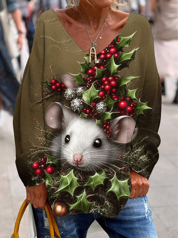 Women's Funny Mouse Hamster Illustration Printed V-Neck Long-Sleeved T-Shirt
