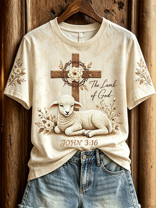 Women's Lamb of God Sheep & Floral Cross Print short-sleeved T-shirt