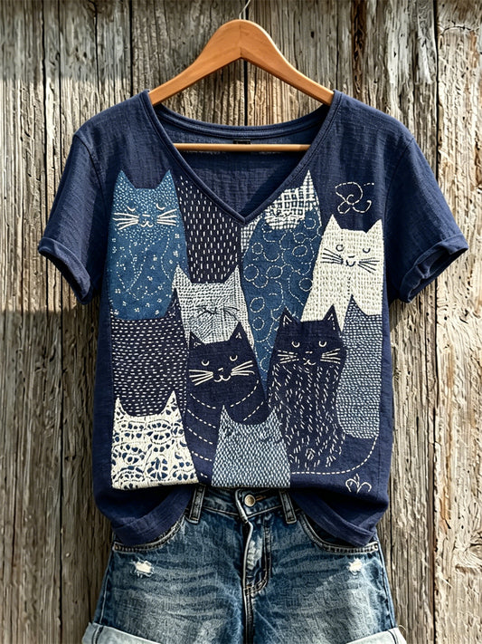 Women's Cats Patchwork Japanese Sashiko Art Print linen short-sleeved T-shirt