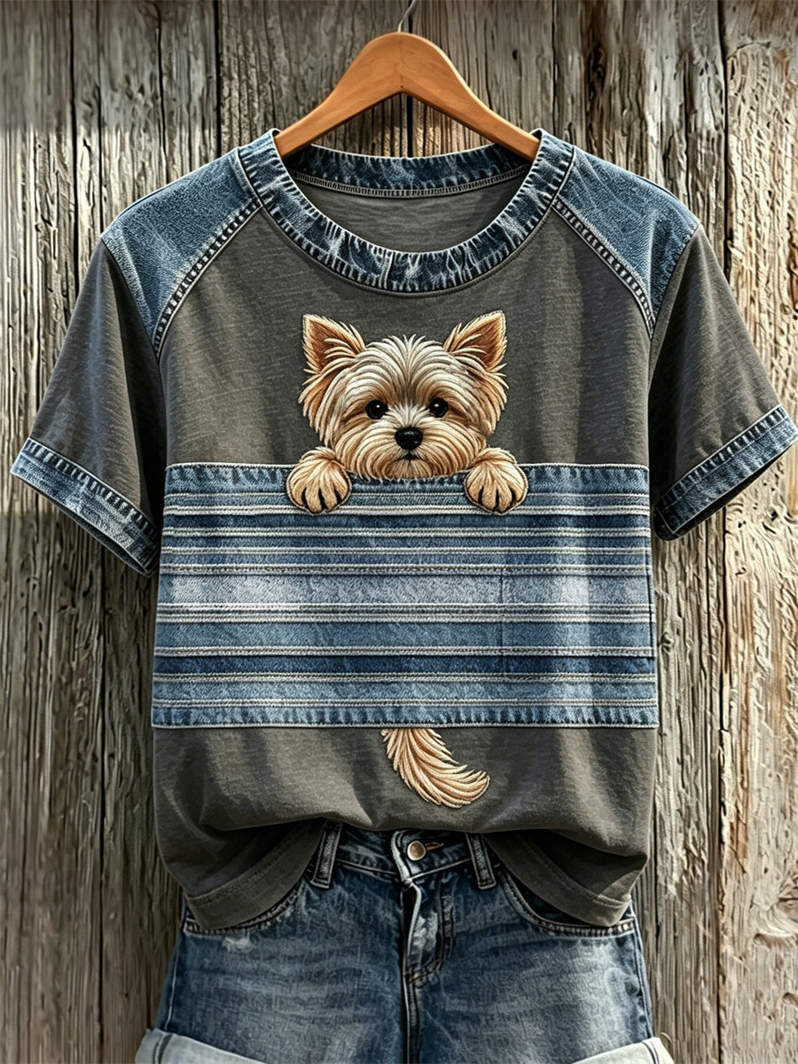Women's Peeking Yorkshire Terrier Dog Denim Patchwork Print T-shirts