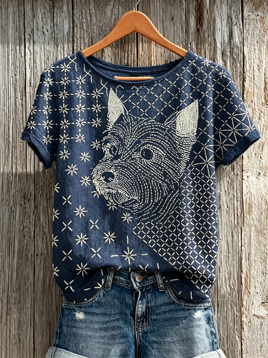 Women's YorkshireTerrier Dog Japanese Sashiko Art Print linen short-sleeved T-shirt