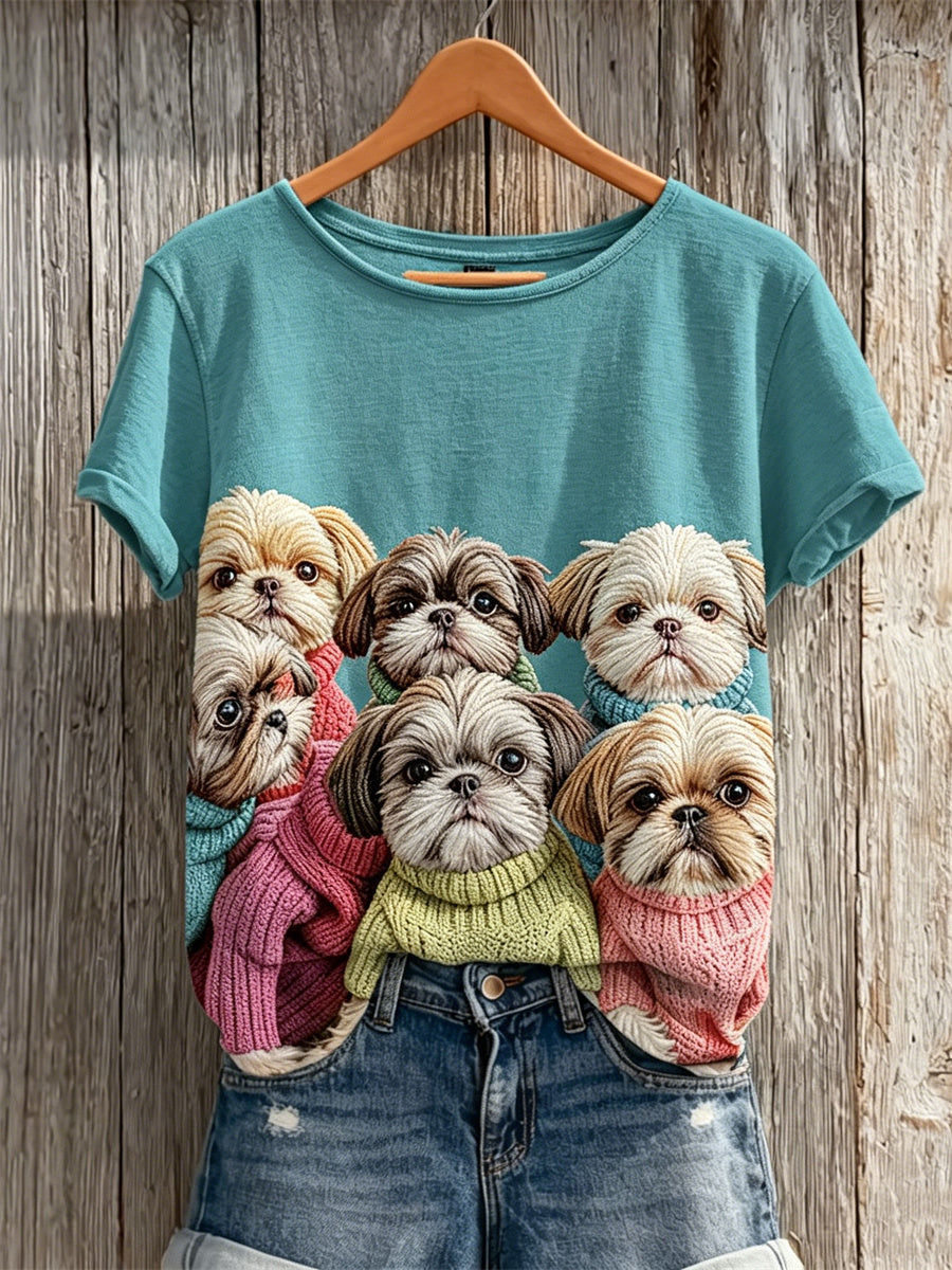 Women's Shih Tzu Dogs with Knit Wear Print short-sleeved T-shirt