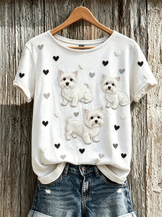 Women's Fuzzy White Scottish Terrier Dogs & Hearts Pattern Print short-sleeved T-shirt