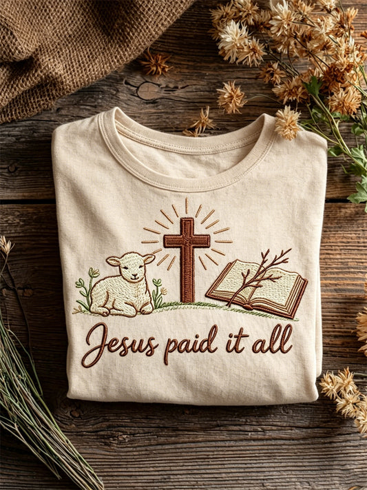 Women's Jesus Paid It All Sheep & Cross Print short-sleeved T-shirt