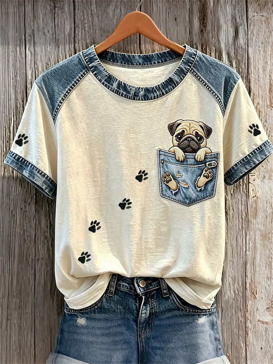 Women's Pug Dog Fake Pocket & Paw Prints Denim Patchwork Print T-shirts