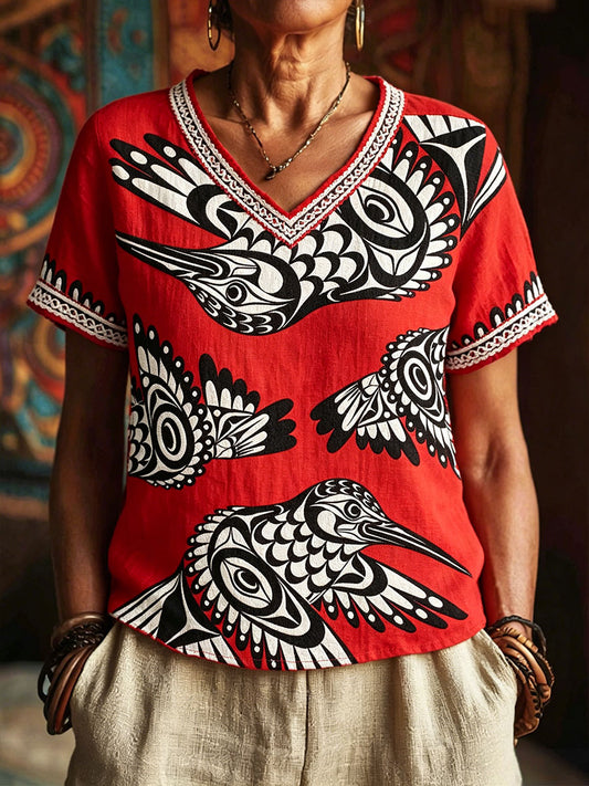 Women's Native Hummingbird Art V-Neck Tops