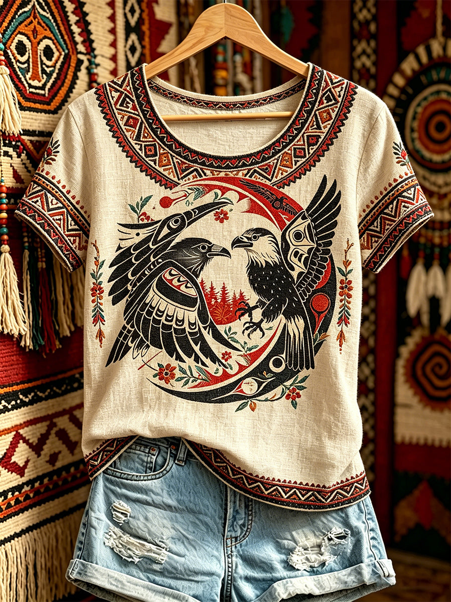 Women's Casual T-Shirt with North American Indigenous Bird Totem Design