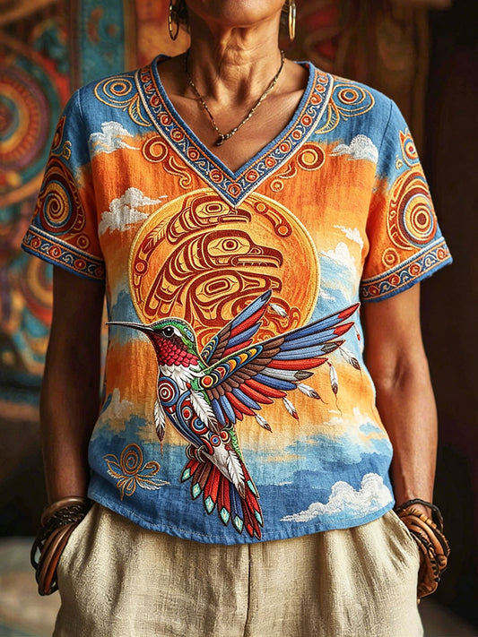 Women's Indigenous Hummingbird Art V-Neck Tops