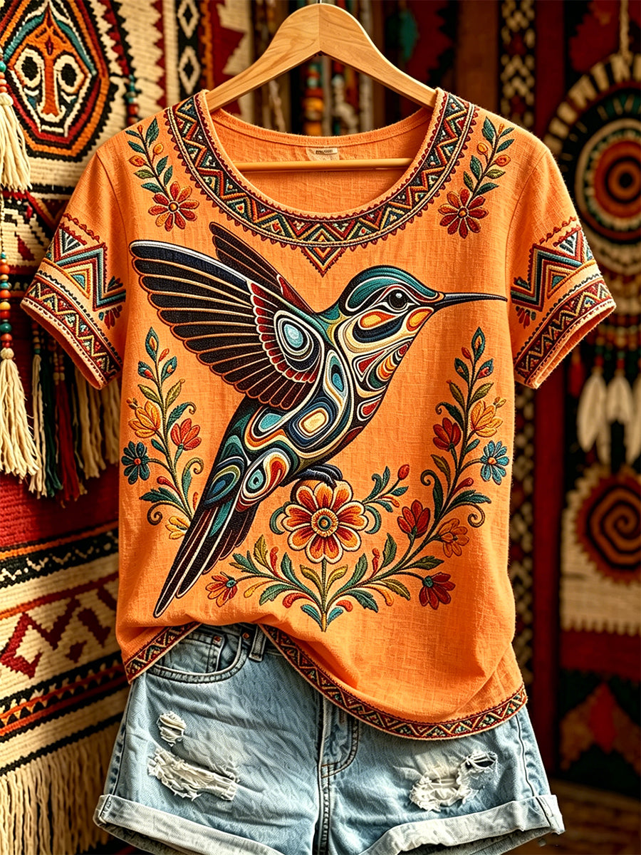 Women's Casual T-Shirt with North American Indigenous Bird Totem Design