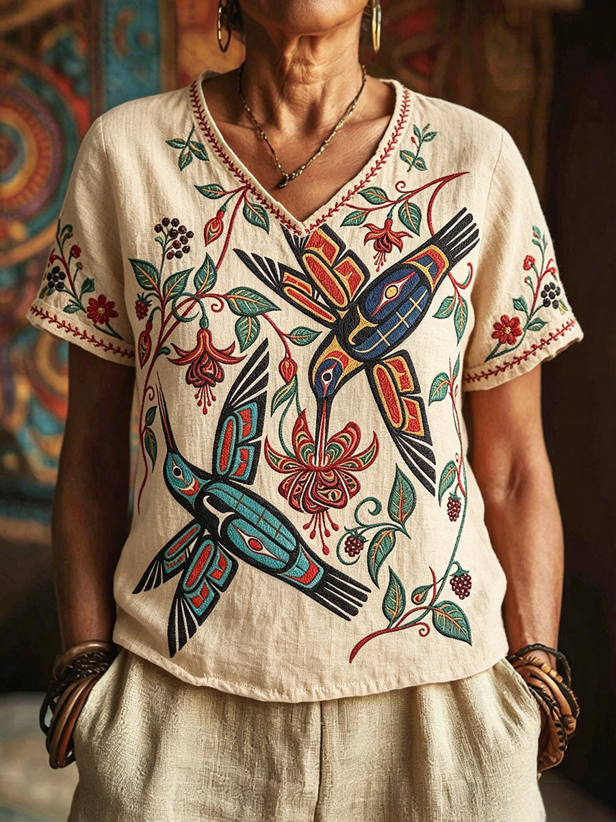 Women's Indigenous Hummingbird Art V-Neck Tops