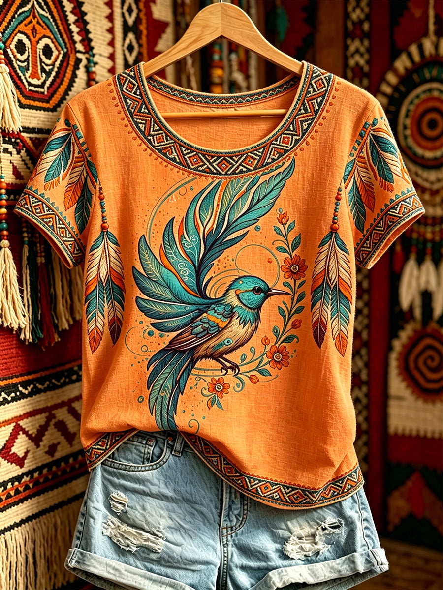 Women's Casual T-Shirt with North American Indigenous Bird Totem Design