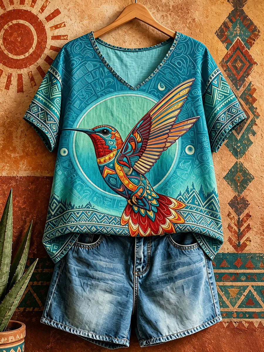 Women's Native Hummingbird Art V-Neck Tops