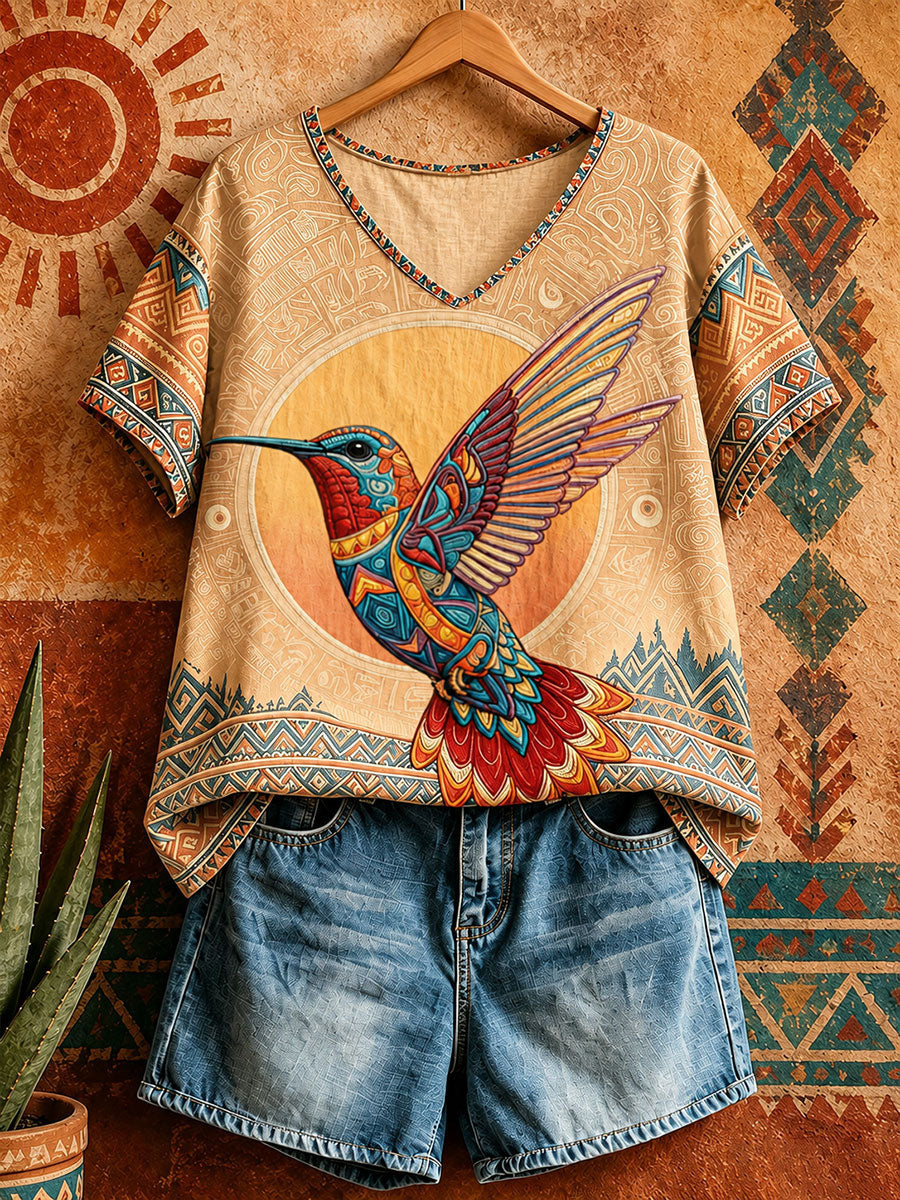 Women's Native Hummingbird Art V-Neck Tops