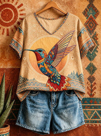 Women's Native Hummingbird Art V-Neck Tops