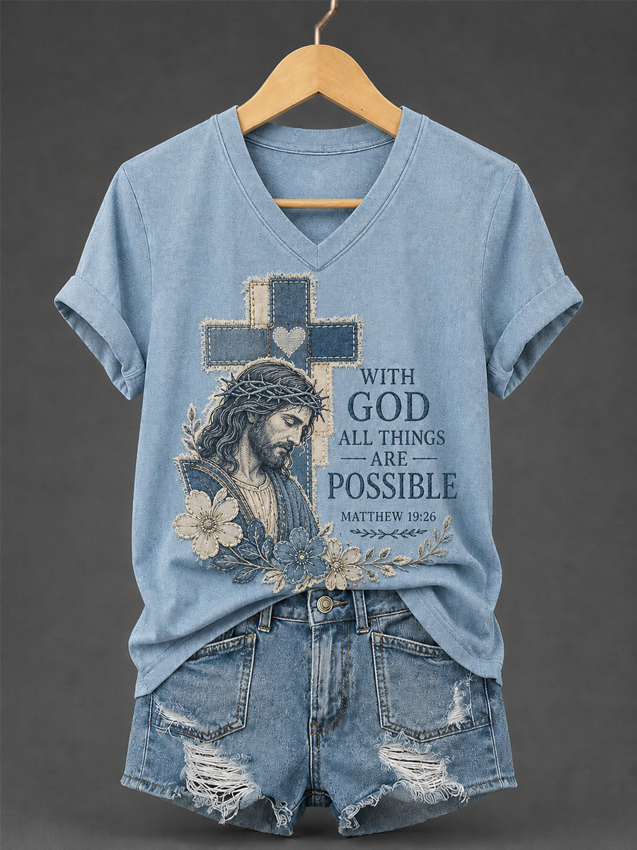 Women's With God All Things Are Possible Print Casual V-Neck Tee
