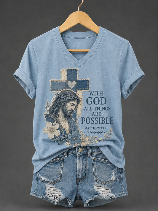 Women's With God All Things Are Possible Print Casual V-Neck Tee