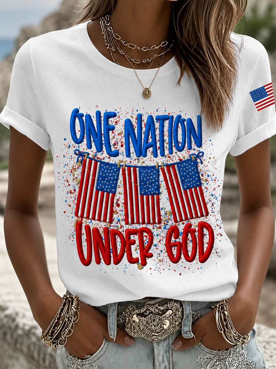 Women's Independence Day Christian One Nation Under God Cross Short Sleeve T-shirt