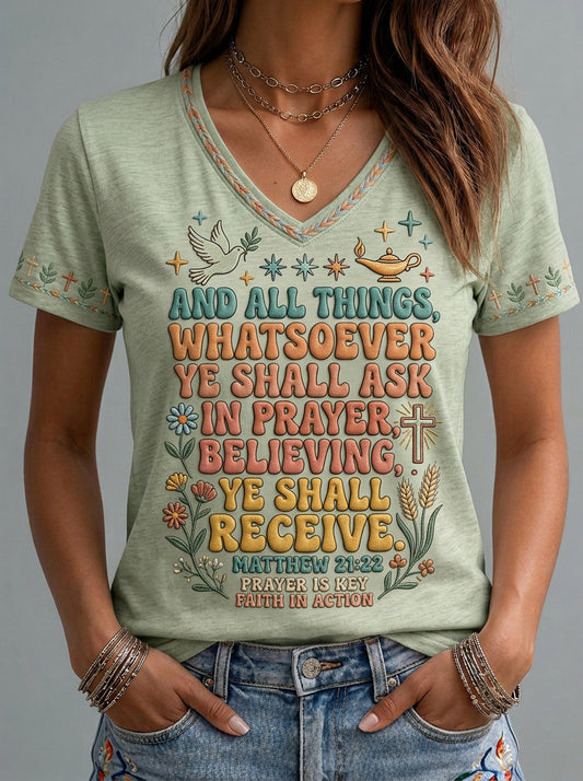 Women's Faith Print Casual Short-Sleeve V-Neck T-Shirt
