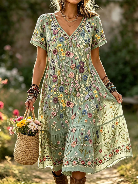 Women's Elegant Floral Cotton Linen Dress