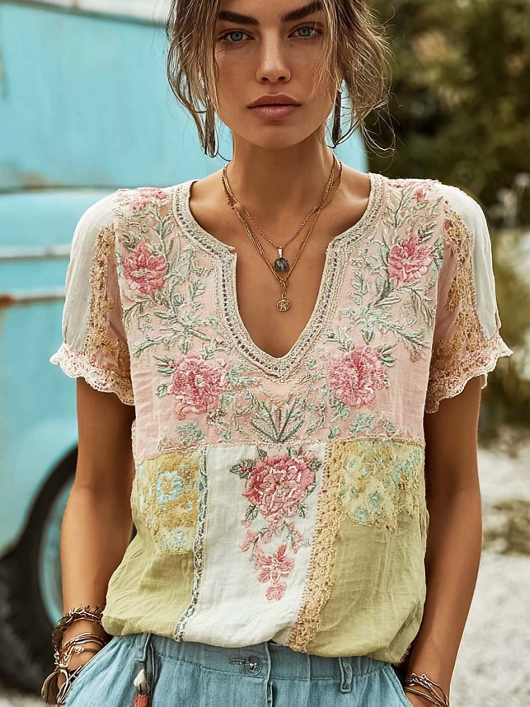 Women's retro pink floral pattern printed cotton and linen T-shirt
