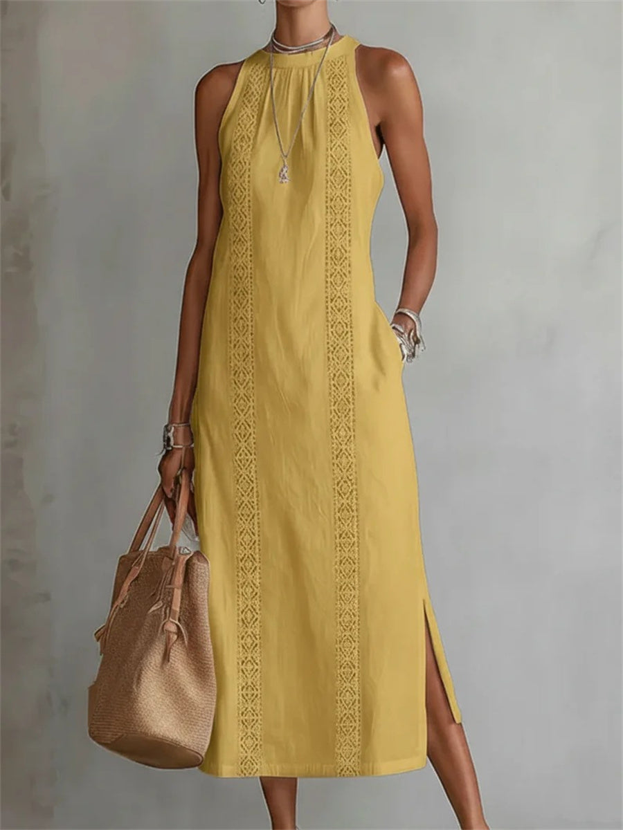 Women's Classy Simple Side Slit Sleeveless Linen Maxi Dress