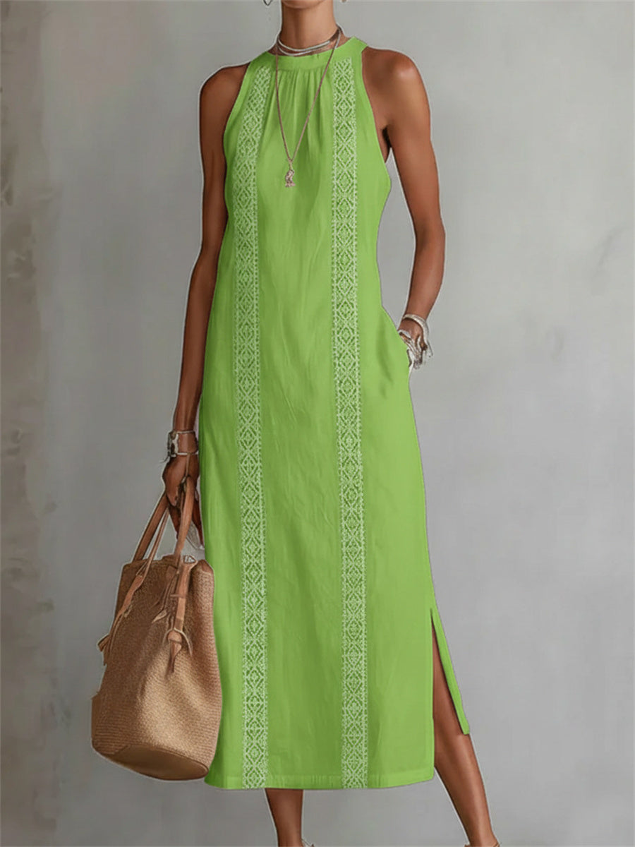 Women's Classy Simple Side Slit Sleeveless Linen Maxi Dress