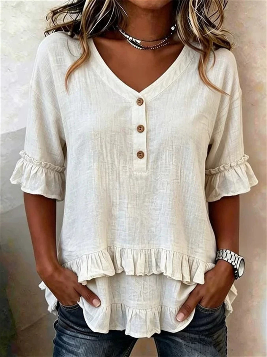 Women's Layered Ruffle Trim Button Up V Neck short-sleeved T-shirt