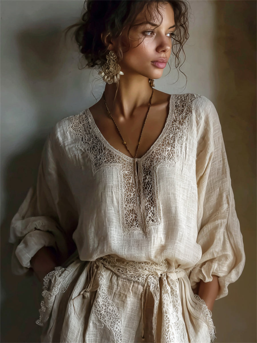 Women's Vintage Lace Print Flowy Puff Sleeve Linen Shirt