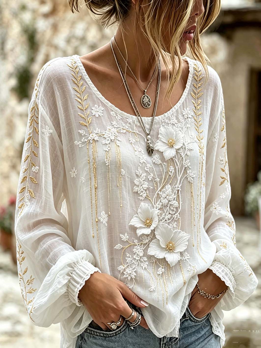 Women's plant and flower embroidery pattern printed casual cotton and linen shirt