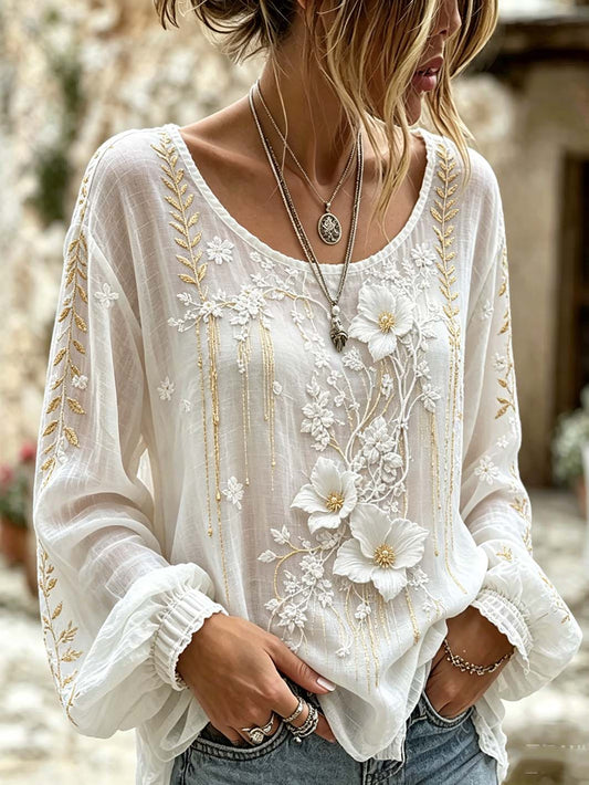 Women's plant and flower embroidery pattern printed casual cotton and linen shirt