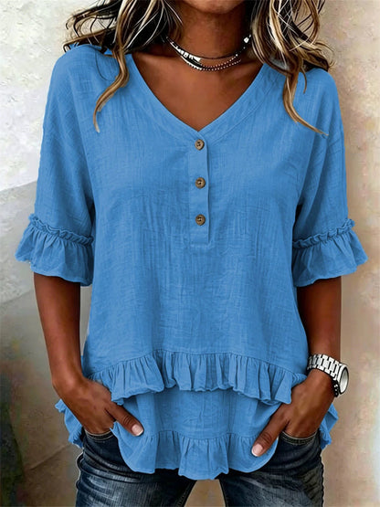 Women's Layered Ruffle Trim Button Up V Neck short-sleeved T-shirt