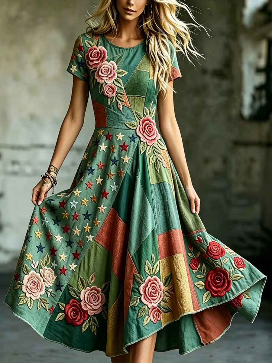 Women's Elegant Floral Cotton Linen Dress