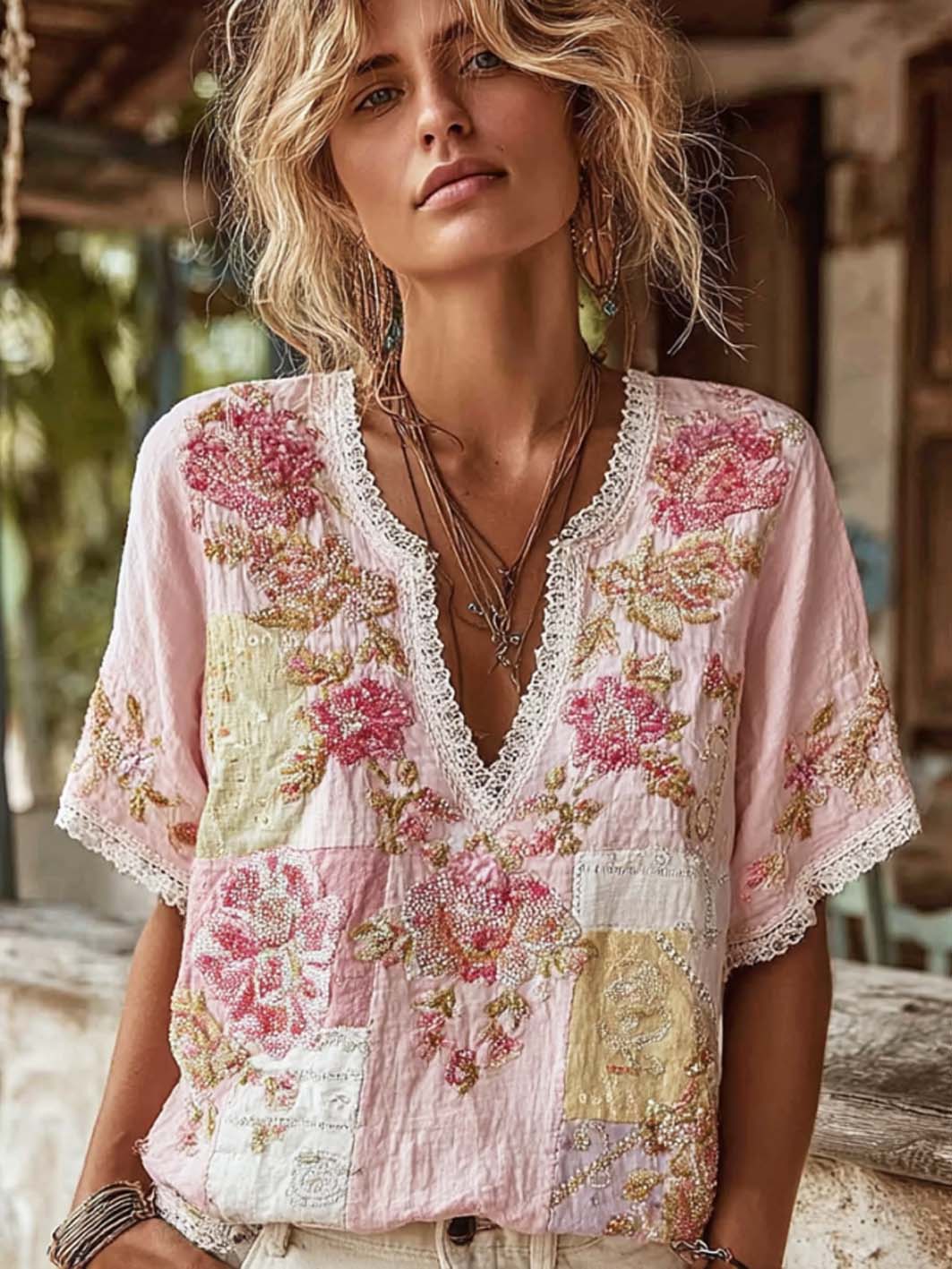 Women's retro pink floral pattern printed cotton and linen T-shirt