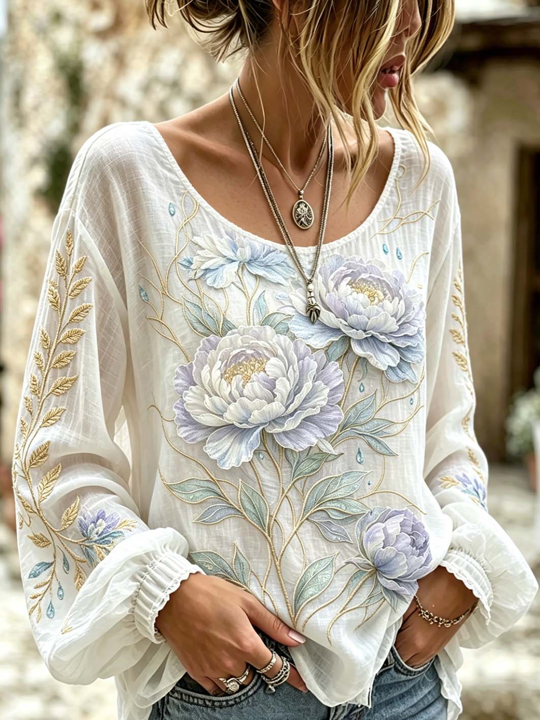 Women's plant and flower embroidery pattern printed casual cotton and linen shirt