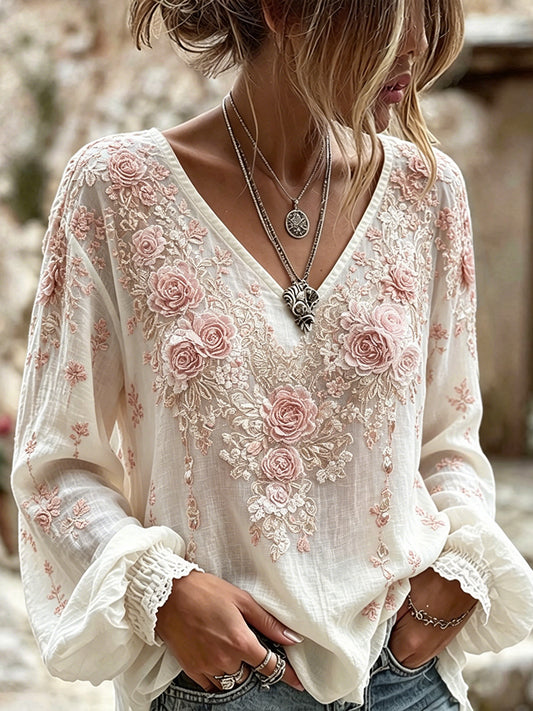 Women's Classy Pink Roses Print V Neck Cotton-Linen Shirt