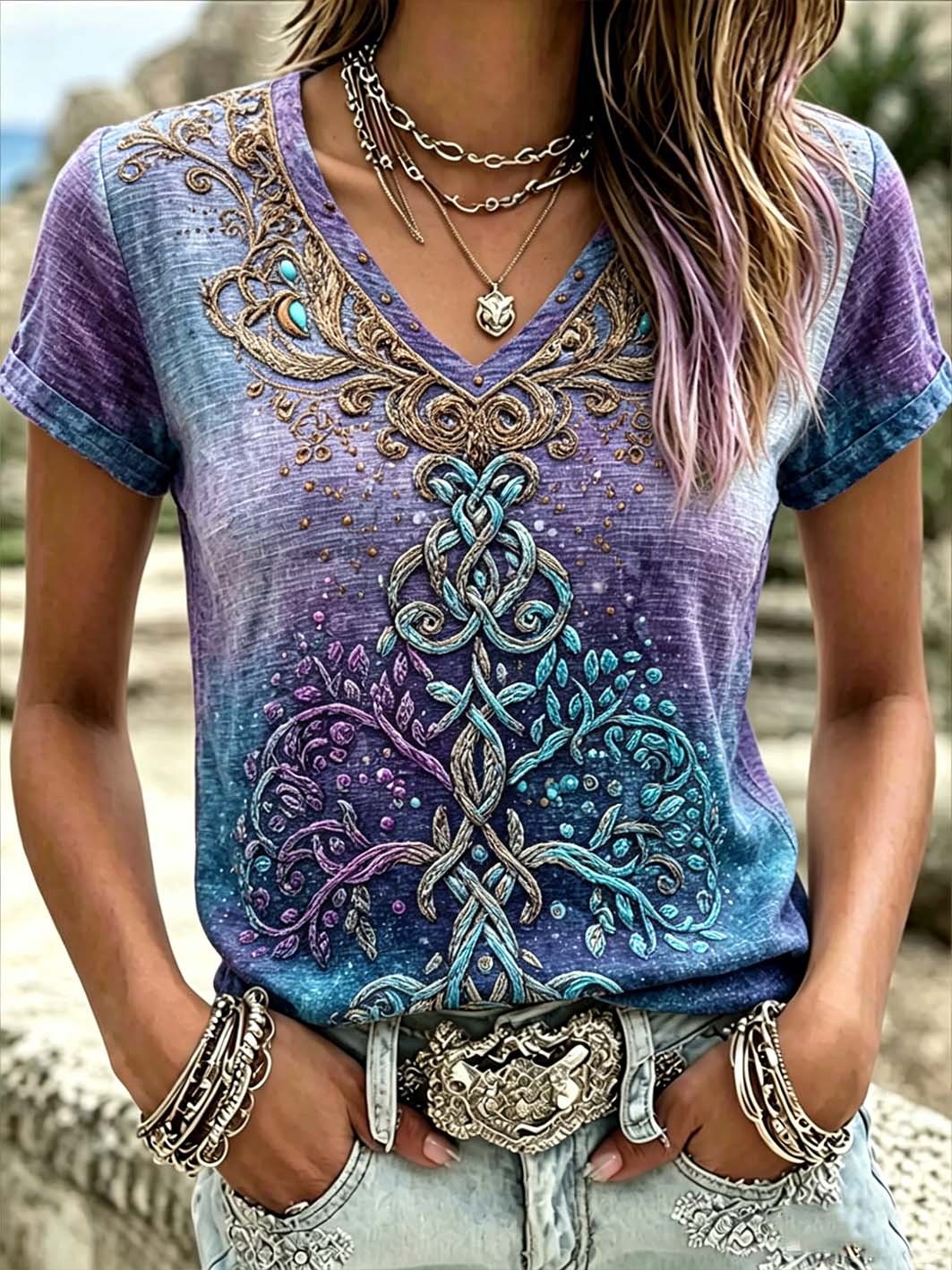 Women's retro Nordic mythology Viking pattern printed linen short-sleeved T-shirt