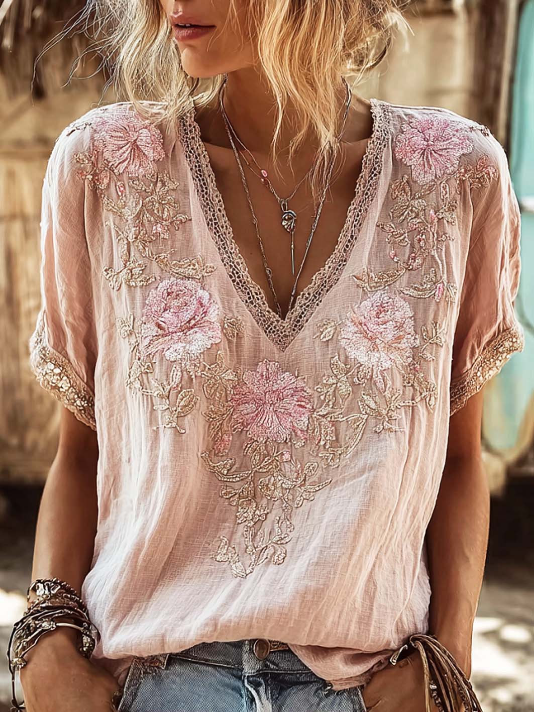 Women's retro pink floral pattern printed cotton and linen T-shirt