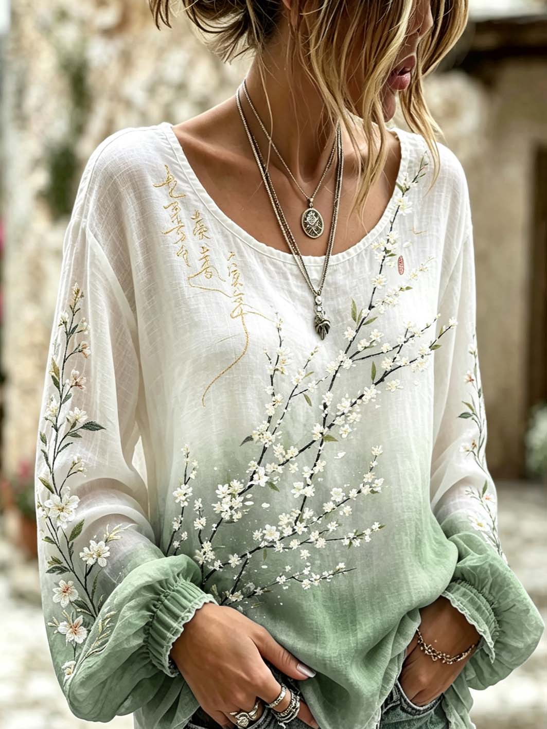 Women's plant and flower embroidery pattern printed casual cotton and linen shirt