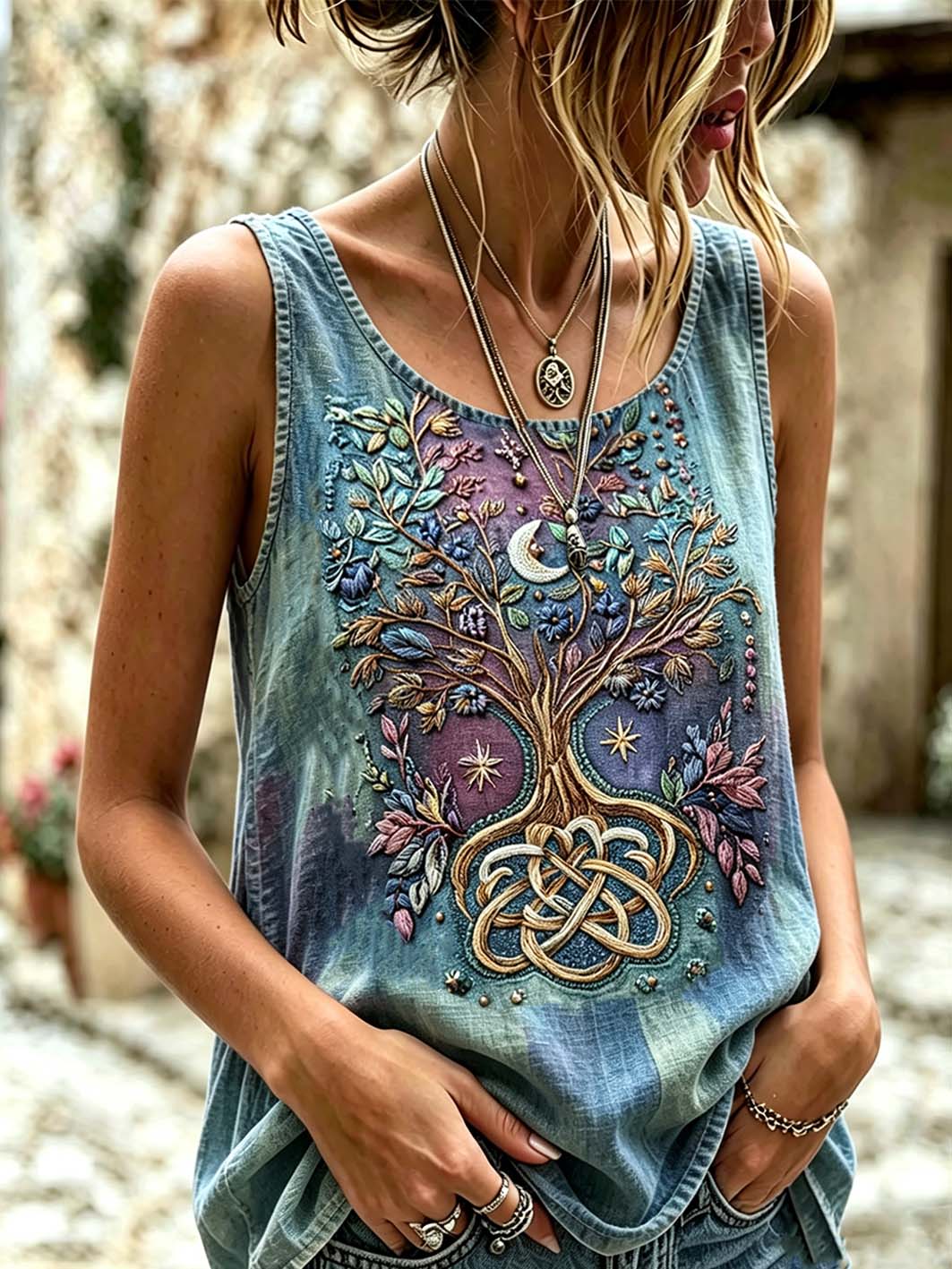 Women's  Retro Nordic Mythology Viking Pattern Printed Cotton-Linen Vest