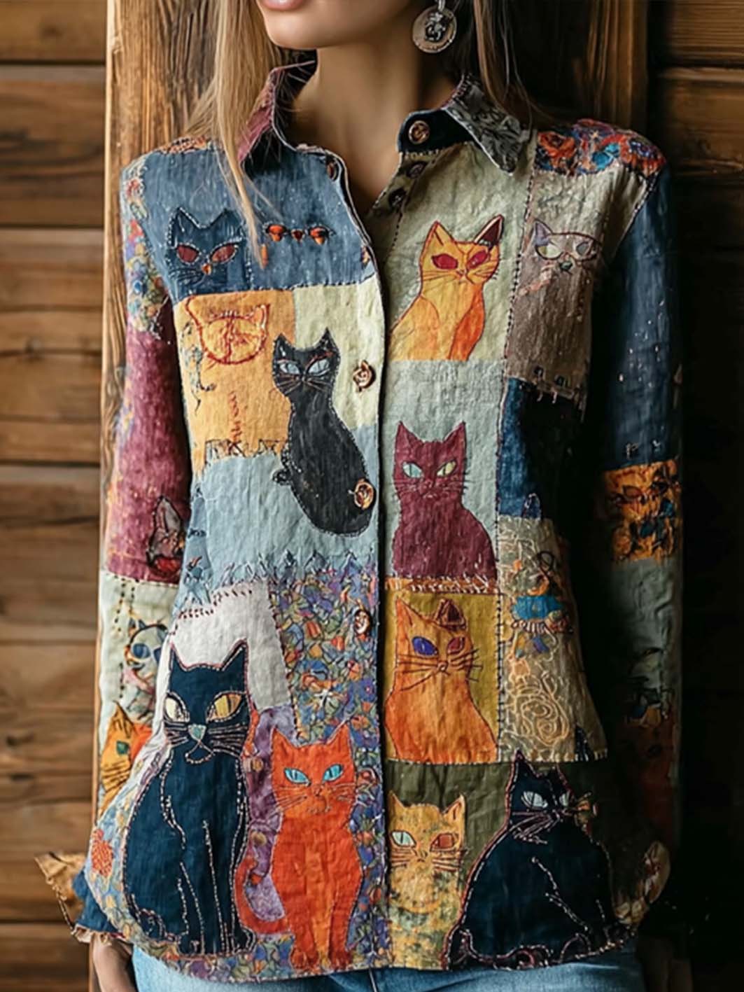 Women's  retro cute cat print casual shirt
