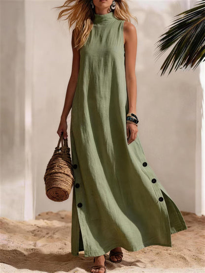 Women's Casual Mock Neck Button Down Side Slit Linen Maxi Dress